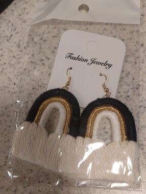 Fashion Jewelry Black, Gold & Cream Rainbow Fringe Earrings